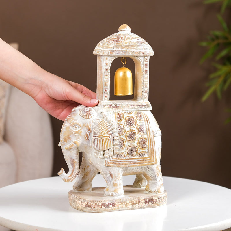 Decorated Elephant With Gold Bell Showpiece White- White Showpiece, Bell Figurine, Decorative Elephant, Home Decor, Ambabari Statue, Bell Ornament