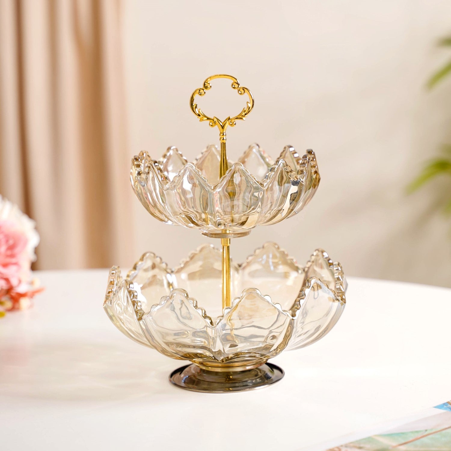 Glass 2 Tier Decorative Stand With Metal Holder