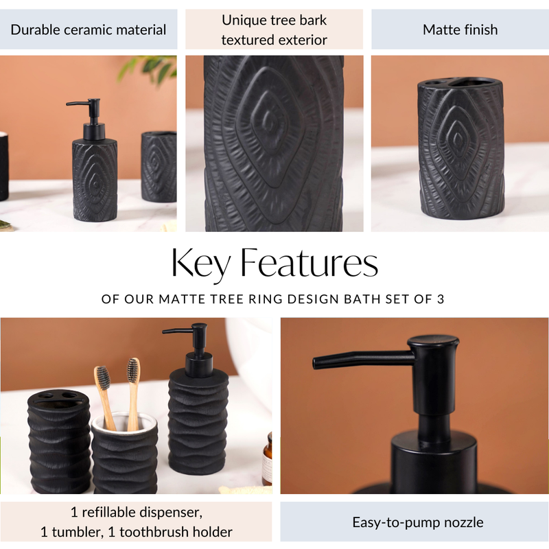 Matte Tree Ring Design Bath Set Of 3 Black
