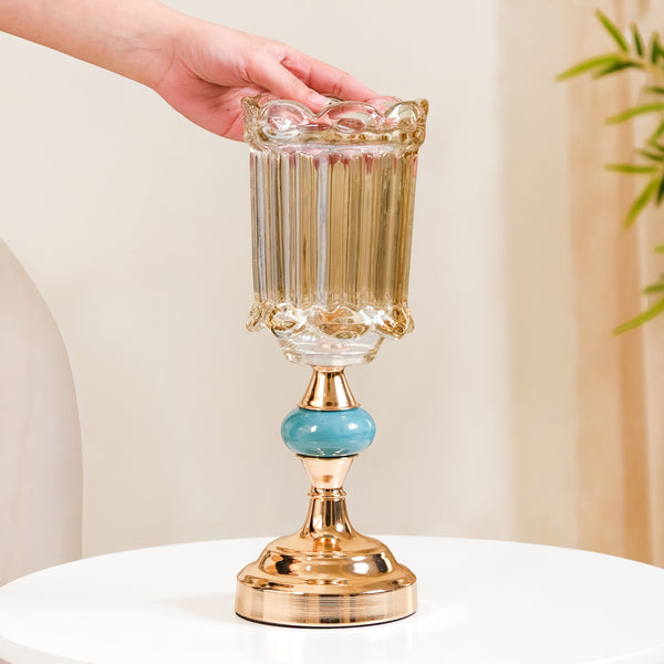 Scalloped Glass Hurricane Candle Stand And Vase