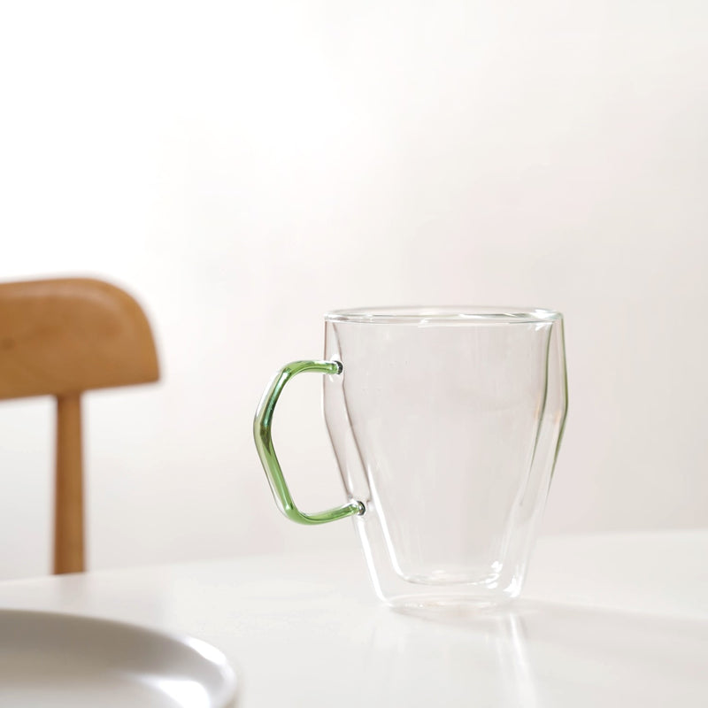 Set Of 2 Transparent Glass Mugs With Green Handle 250ml