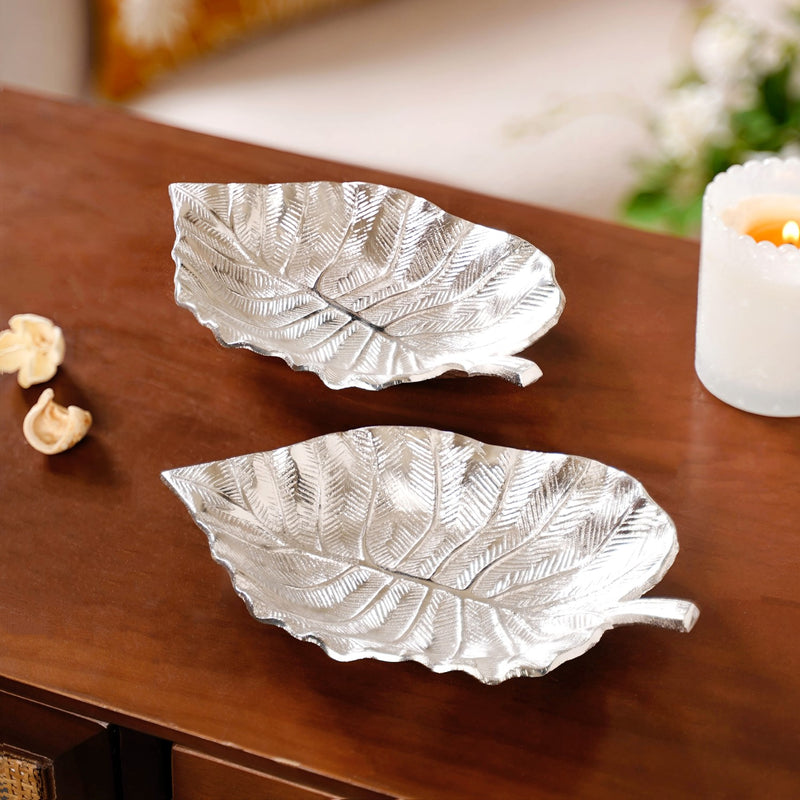 Silver Colocasia Leaf Metal Tray Set Of 2