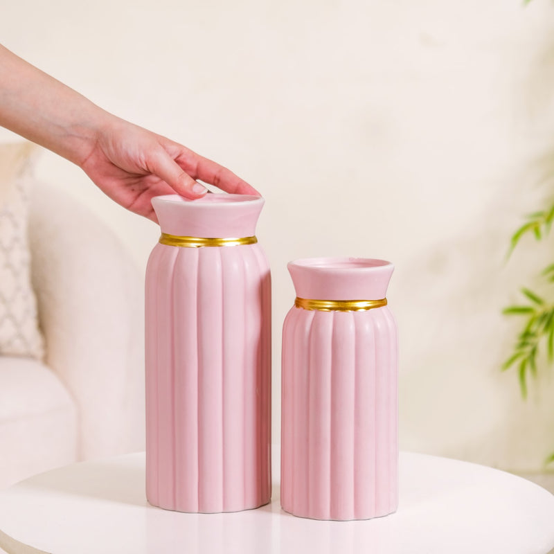 Flowerful Vintage Ceramic Vase Set of 2 Pink - Ceramic Vase, Pink Ceramic Vase Set, Set of 2 Ribbed Vases, Decorative Pink Vases, Ceramic Vase