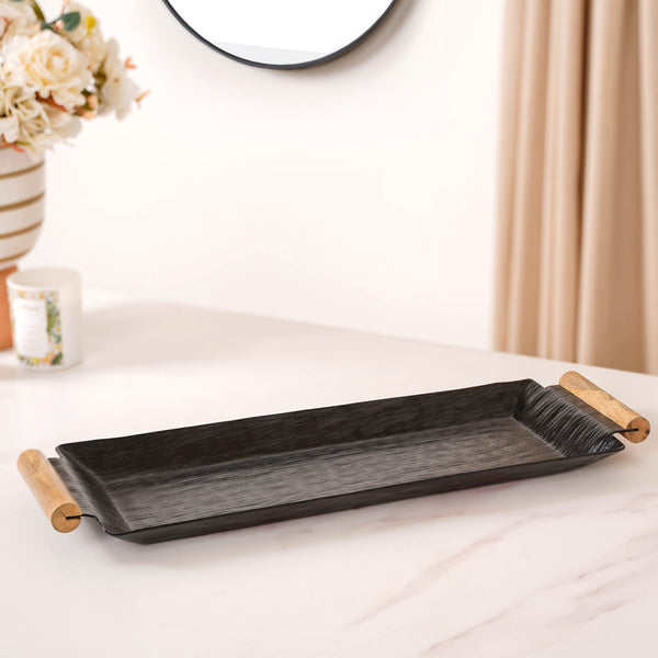 Matte Black Rectangle Metal Tray With Wooden Handle 19x6 Inch