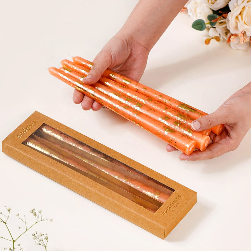 Candle With Golden Flecks Peach Set Of 8- Peach Candle Set, Golden Flecks Candles, Set of 8 Peach Candles, Decorative Peach Candles, Golden Candles