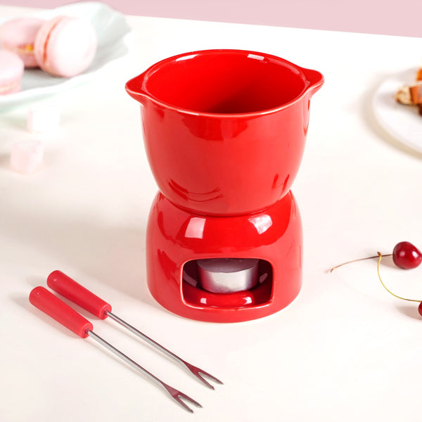 Red Mini Fondue Set With 2 Dipping Forks