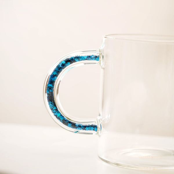 Set Of 2 Blue Sparkle Filled Handle Glass Coffee Cups 425ml