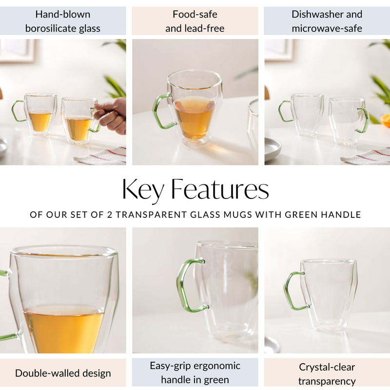 Set Of 2 Transparent Glass Mugs With Green Handle 250ml