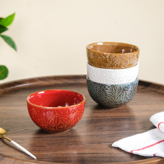 Set Of 4 Leaf Embossed Ceramic Small Bowl 250ml