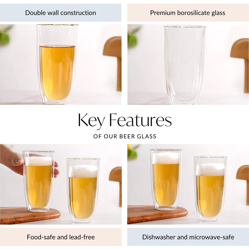 Vinatge Double Wall Tall Beer Glasses Set Of 2 530ml