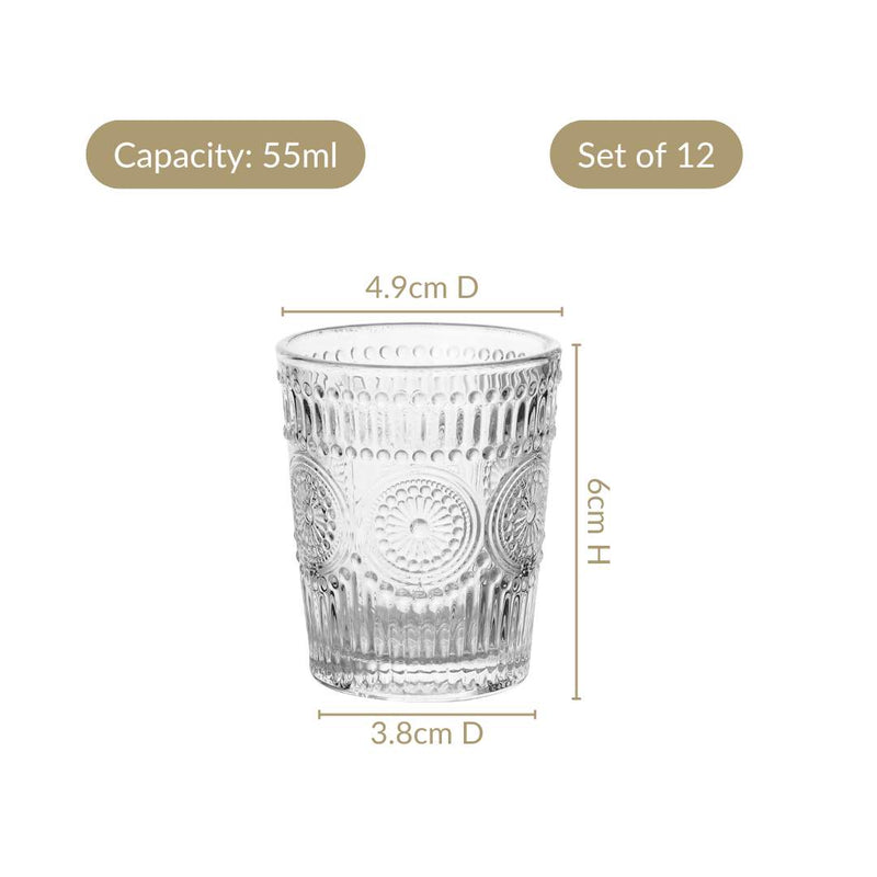 Vintage Embossed Shot Glass Set Of 12 55ml