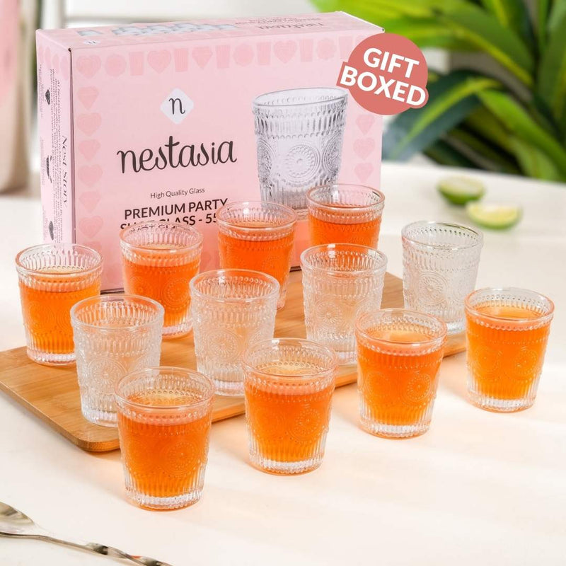 Vintage Embossed Shot Glass Set Of 12 55ml