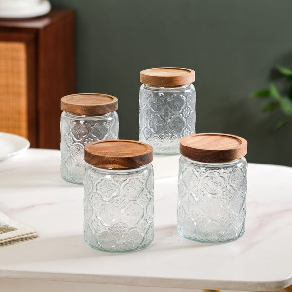 Vintage Patterned Glass Jar With Lid Set Of 4 700ml