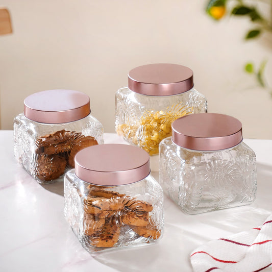 Set Of 4 Textured Jar With Rose Gold Lid 1500ml