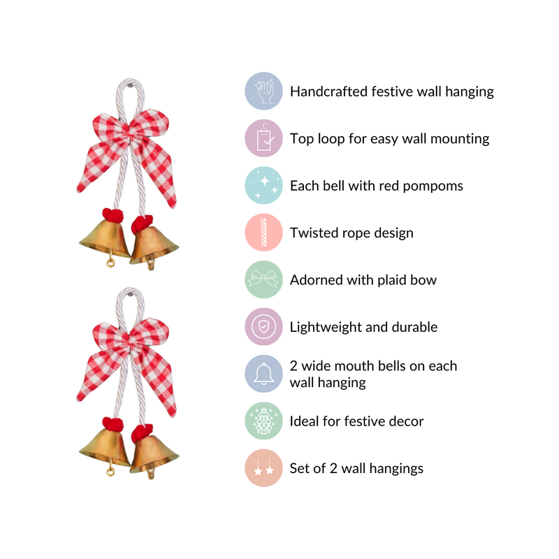 Set Of 2 Golden Bell Wall Hanging With Bow