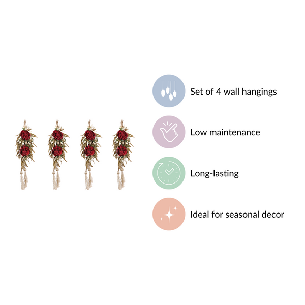 Natural Red Flower Wall Hanging With Tassels Set Of 4