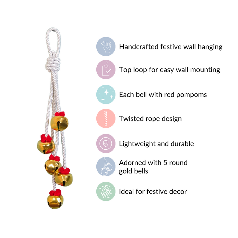 Knotted Wall Hanging With Five Bells - Knotted wall decor, boho wall hanging, decorative bells, unique home decor