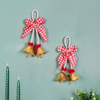 Set Of 2 Golden Bell Wall Hanging With Bow