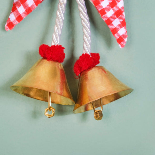 Set Of 2 Golden Bell Wall Hanging With Bow