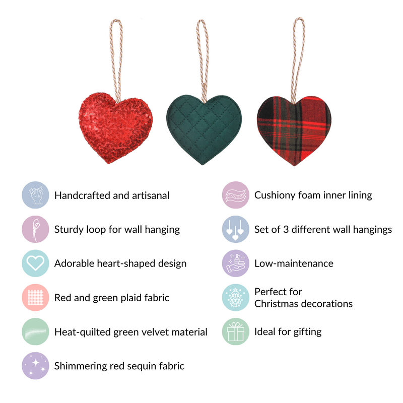Hearts Wall Hanging Ornaments Set of 3- decorative heart wall hangings, wall art, heart-themed decor, charming wall accents