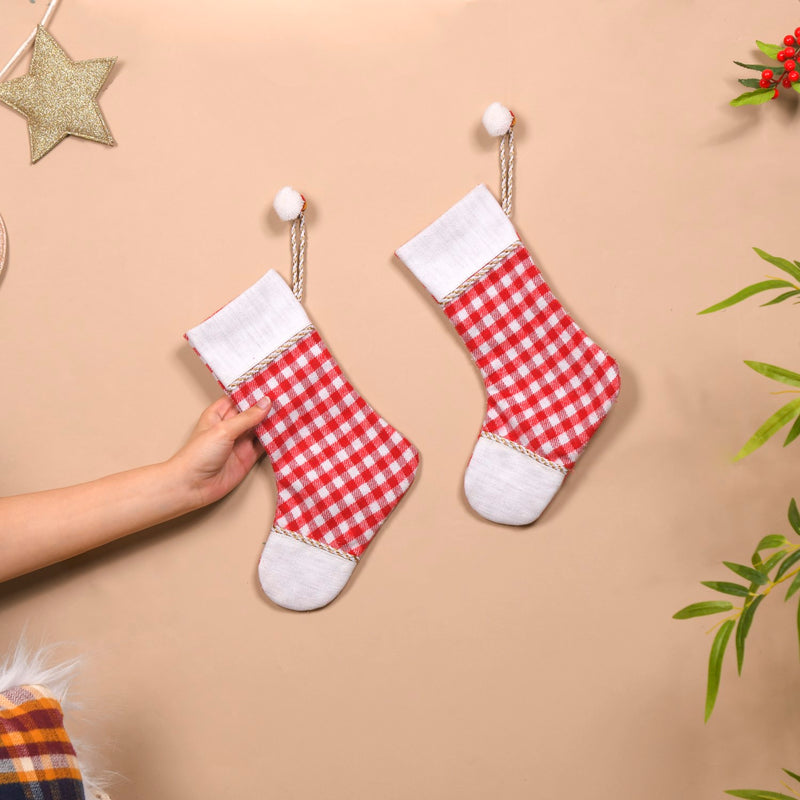 Set Of 2 Festive Plaid Santa Socks
