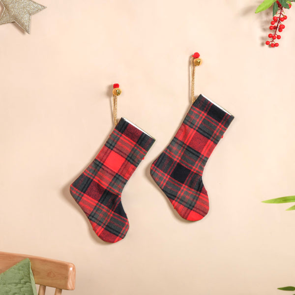Plaid Bell Santa Socks Set Of 2