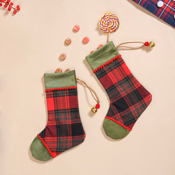 Plaid Bell Santa Socks Set Of 2