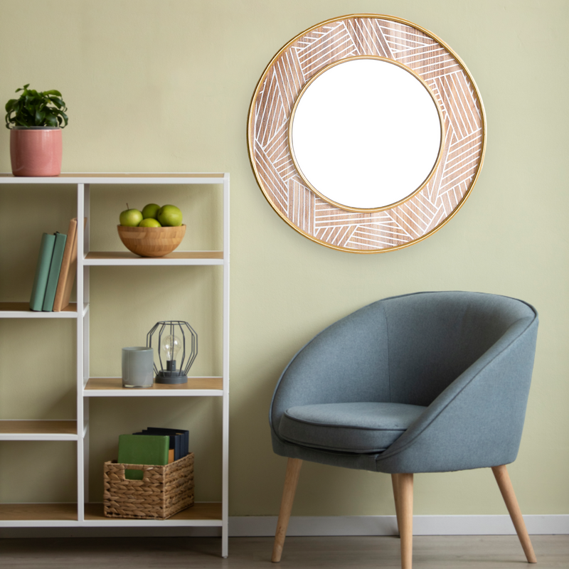 Round Wall Mirror With Metal And Wooden Detailing 19 Inch