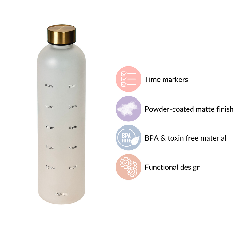 Time Marker Matte Water Bottle White 1L Set Of 2 - Water bottle, water bottle for office, travel water bottle, BPA free water bottle