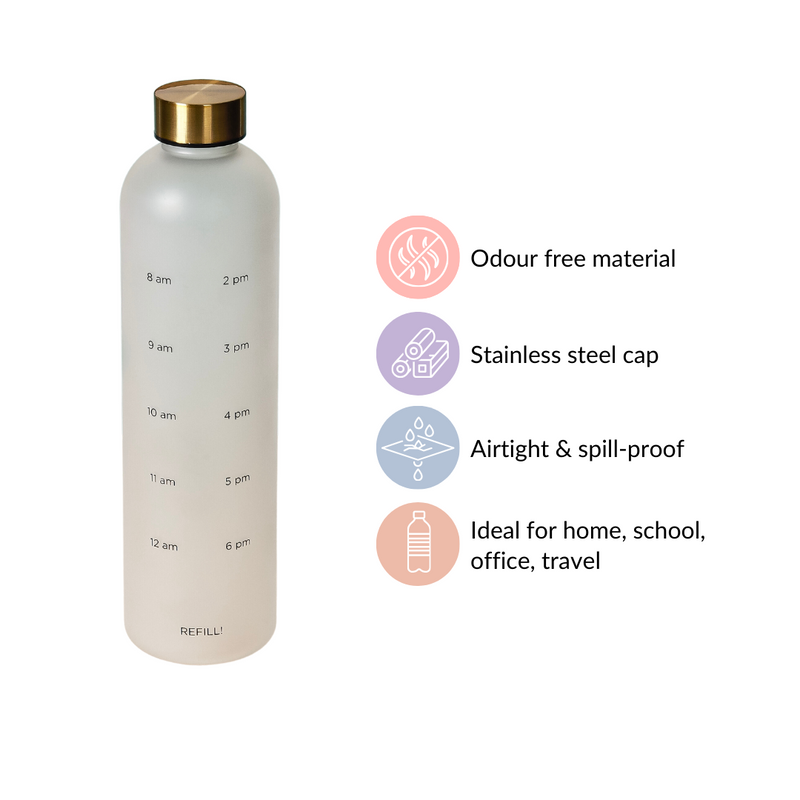 Time Marker Matte Water Bottle White 1L Set Of 2 - Water bottle, water bottle for office, travel water bottle, BPA free water bottle