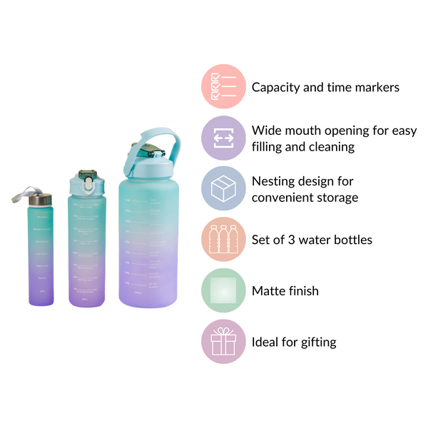 Motivational Time Marker Bottles Set Of 3 Green & Lavender