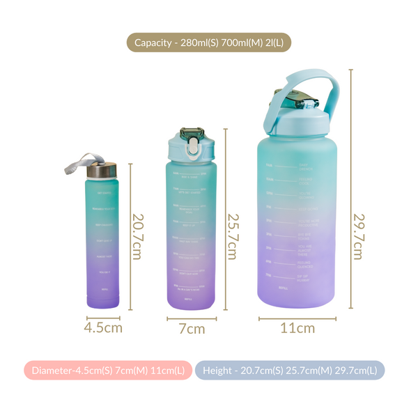 Motivational Time Marker Bottles Set Of 3 Green & Lavender