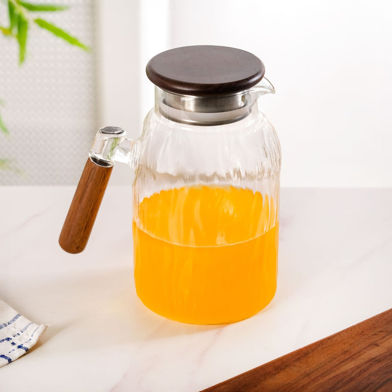 Wavy Glass Pitcher With Wooden Handle And Lid