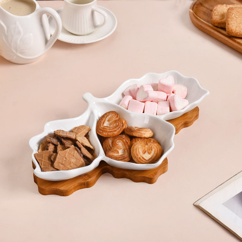 3 Section Leafy Ceramic Plate With Wooden Tray - Section plate, white ceramic plate, compartment plates ceramic