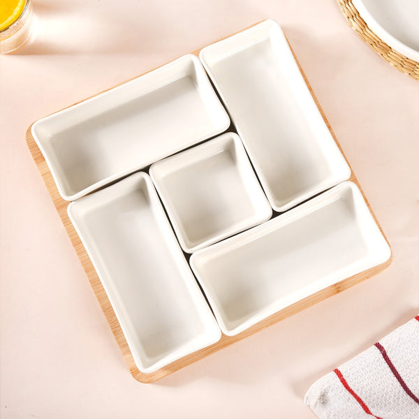 White Ceramic Bowls With Bamboo Tray Set Of 5