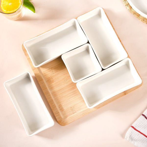 White Ceramic Bowls With Bamboo Tray Set Of 5