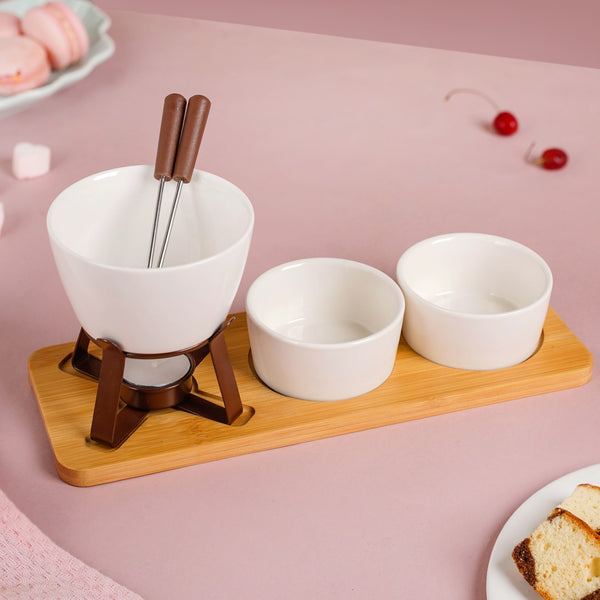 Ceramic Chocolate Fondue Set With Two Bowls And Tray