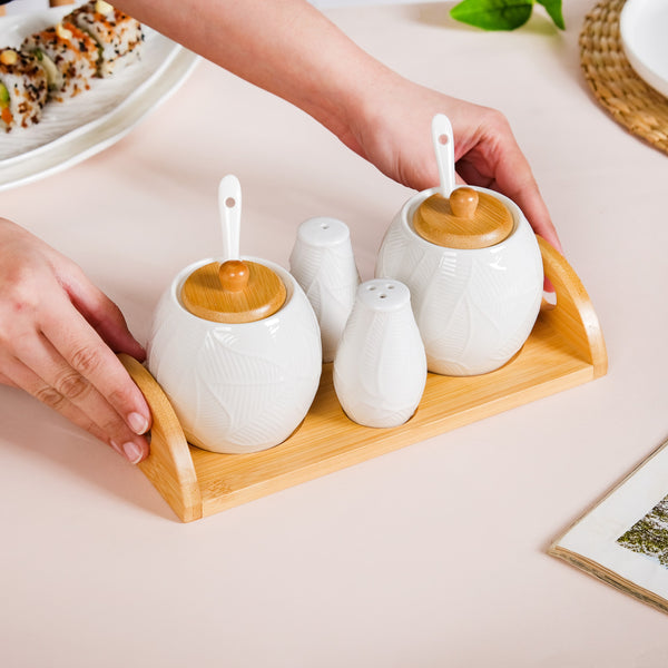 Ceramic Jar And Salt Pepper Shaker Set Of 4 With Tray