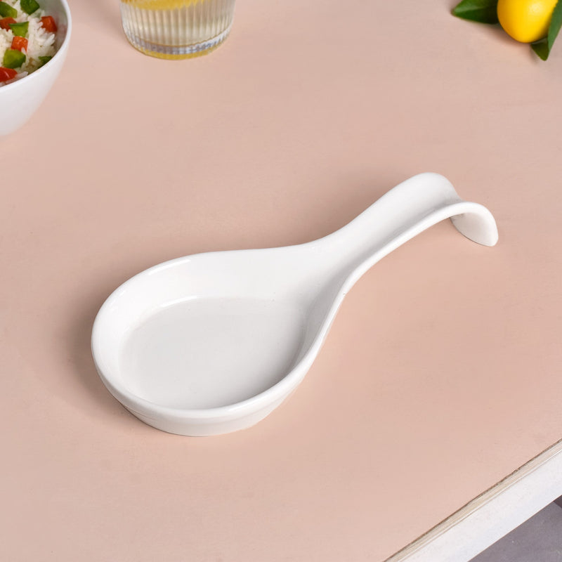 White Ceramic Spoon Holder With Wooden Tray
