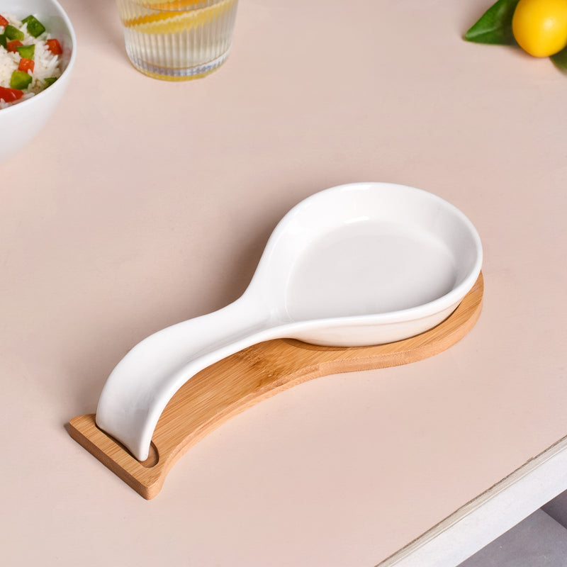 White Ceramic Spoon Holder With Wooden Tray
