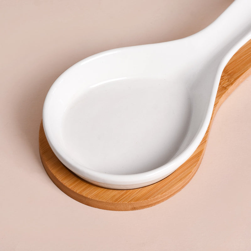 White Ceramic Spoon Holder With Wooden Tray