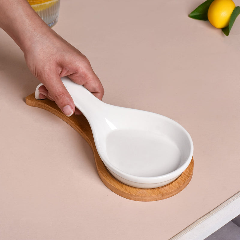 White Ceramic Spoon Holder With Wooden Tray