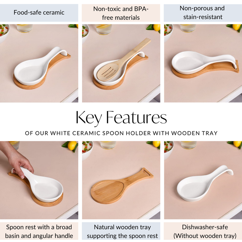 White Ceramic Spoon Holder With Wooden Tray