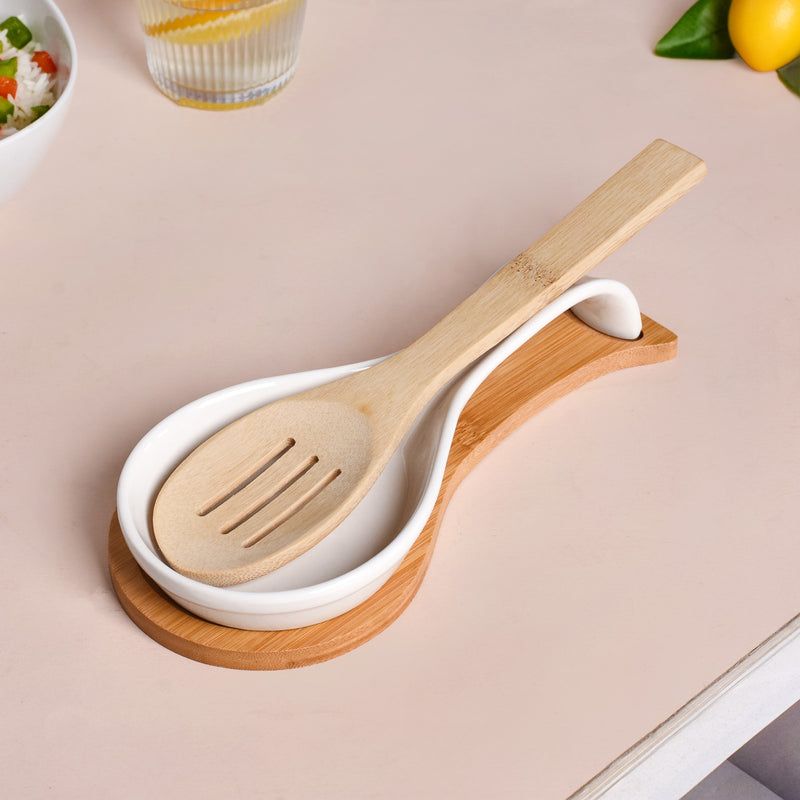 White Ceramic Spoon Holder With Wooden Tray