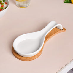 White Ceramic Spoon Holder With Wooden Tray