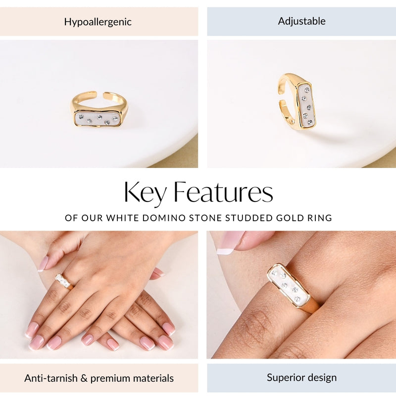 White Domino Stone Studded Gold Ring