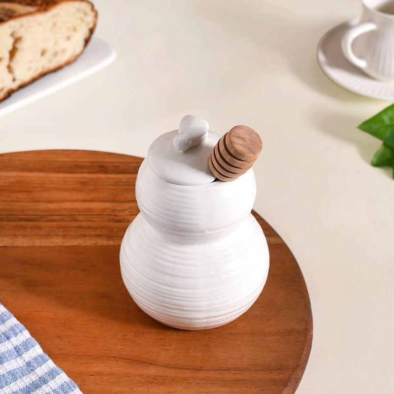 White Honey Pot With Wooden Dipper 350ml