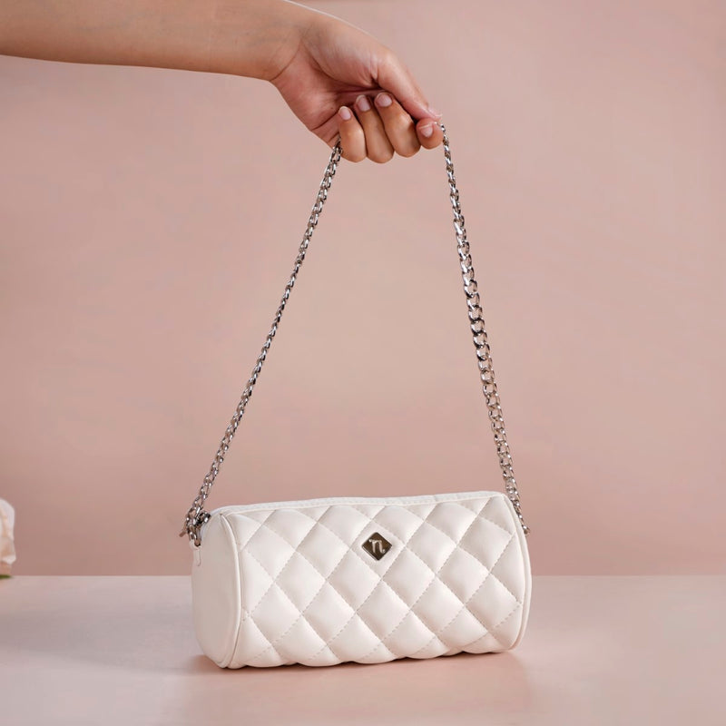 Mini Barrel Bag With Chain Strap White