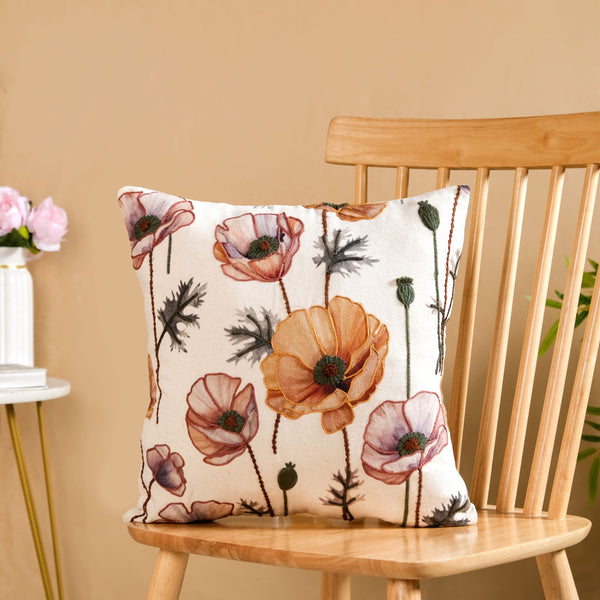 Poppy Flower Cotton Embroidered Cushion Cover 40x40cm
