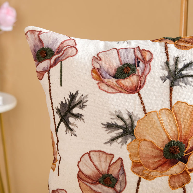 Poppy Flower Cotton Embroidered Cushion Cover 40x40cm